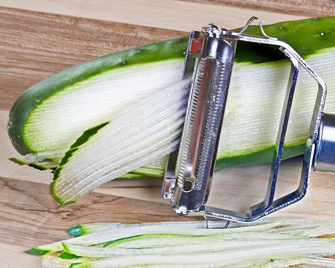 Julienne Vegetable Peeler, Cutter and Slicer is Perfect for Making Potato, Carrot, Zucchini or Butternut Squash Noodles. Amazing Peeler Includes a Free Cleaning Brush and has a Dual Blade Feature. Enhance Your Kitchen Experience Now!
