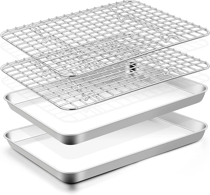 TeamFar Cookie Sheets with Cooling Racks, 2 Pans + 2 Racks, 10.5x8x1 Inch | Stainless Steel Small Toast Oven Tray Pan with Grid Rack for Baking Roasting Cooling, Non-Toxic & Heavy-Duty, Dishwasher Safe