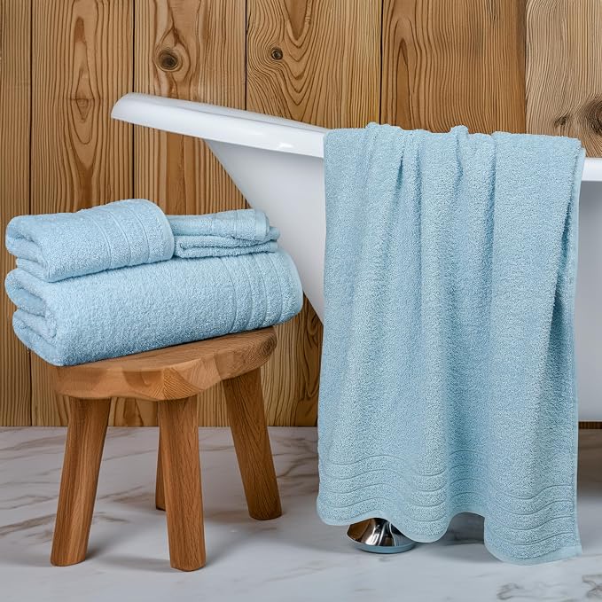 8 Piece Towel Set, 2 XL Bath, 2 Hand, 4 Washcloth, Sky Blue | 100% Cotton, Lighter Weight, Quicker to Dry, Super Absorbent, Perfect for Bathroom