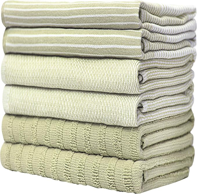 Premium Kitchen Towels 6 Pack 100% Cotton, 20"x28" Dish Towels - Sage | Large Flat & Terry Kitchen Linen Set with Hanging Loops, Highly Absorbent for Washing and Drying Dishes