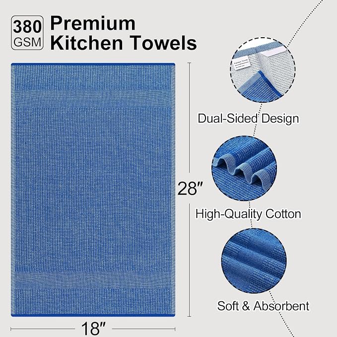 Mordimy Premium Large Cotton Kitchen Towels (18"x 28", 3 Pack), Blueberry | 100% Ring Spun Cotton, Super Absorbent, 380 GSM, Flat & Terry, Soft, Hanging Loop Dish Towels