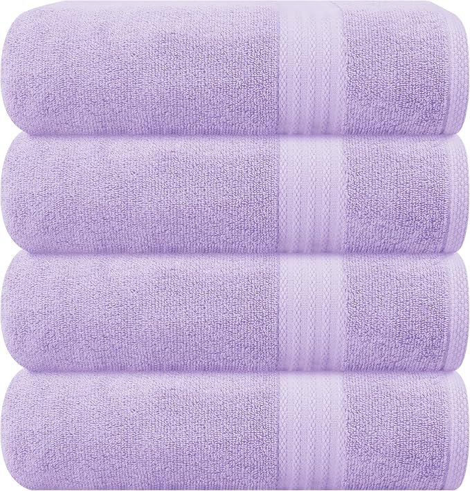 GLAMBURG Premium Cotton 4 Pack Bath Towel Set - 100% Pure Cotton - 4 Bath Towels 27x54 - Ideal for Everyday use - Ultra Soft & Highly Absorbent - Purple
