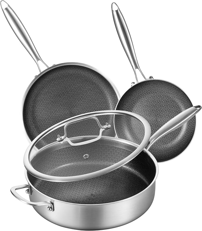 LOLYKITCH 6 QT Saute Pan with Lid & 8-10'' Frying Pans | Detachable Handle | Ceramic Nonstick | Tri-Ply Stainless Steel | Hybrid Cookware Set | Oven & Induction Ready | PFOA-FREE