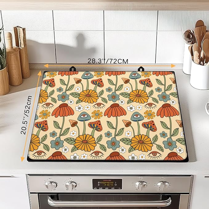 Hippie Abstract Flowers Stove Top Cover for Electric Stove,Heat Resistant Glass Cooktop Cover,Multipurpose Stove/Counter/Washer Top Protector,Dishwasher Safe Rubber (28x 20)