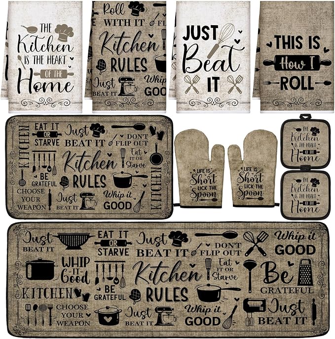 Fourluoo 10 Pcs Attractive Style Kitchen Dish Towels Rugs Oven Mitts and Pot Holders Set Farmhouse Kitchen Decor Set for Women Mom Daughter Gift Cooking Baking Grilling (Rustic Farmhouse)