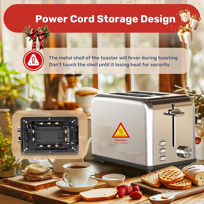 YSSOA 2 Slice Stainless Steel Toaster, 6 Shade Settings and Bagel/Defrost/Cancel Functions, with Extra Wide Slot & Removable Crumb Tray, for Various Bread & Waffle, Silver New