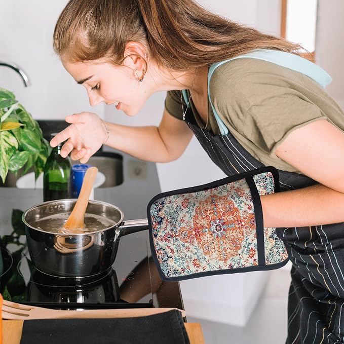 Rustic Vintage Boho Pot Holders for Kitchen, Abstract Orange Blue Boho Ethnic Floral Botanical Heat Resistant Hot Pads and Oven Mitts for Baking Cooking