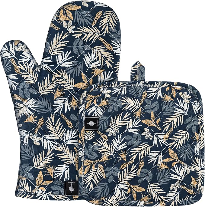 BONTHEE Oven Gloves Heat Resistant Potholder Set Oven Gloves with Anti-Slip Striped Cooking Gloves for Cooking Baking - 2PCS
