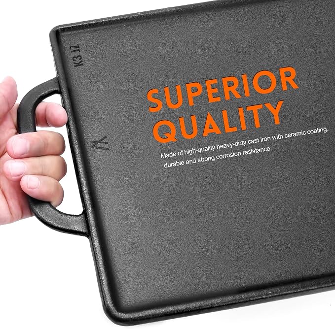 GGC Cast Iron Reversible Griddle | Double-sided Griddle Pan for Stove Tops and Gas Grills, 15"x 9" Griddle Plate with Flat and Ribbed Side for Cooking