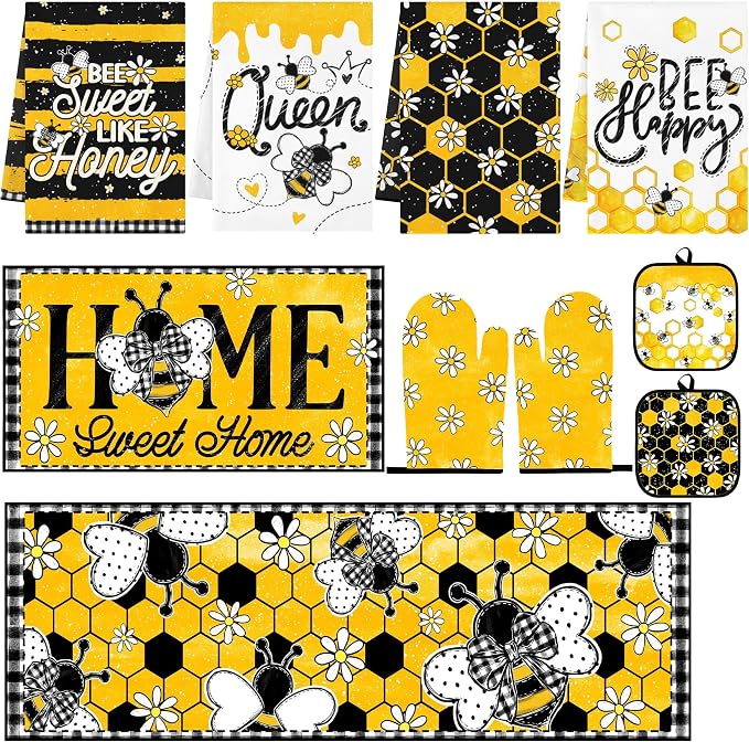 10 Pcs Kitchen Decor and Accessories Set, Bee Farmhouse | Honey Daisy Summer 4 Dish Towels Kitchen Rugs 2 Oven Mitts 2 Pot Holders, Home Decor for Cooking Baking BBQ Housewarming