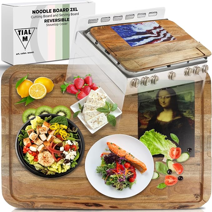 Rustic Mango Wood NOODLE BOARD –28x20 Extra Large Stove Top Cover Cutting Board -Farmhouse Kitchen Décor, Juice Groove & Handles, Mona Lisa & US Flag Art Serving Tray