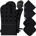 Oven Mitts and Pot Holders Set with Dishcloths, 500 Degree Heat Resistant Oven Gloves and Hot Pads, Premium Soft Cotton Kitchen Mittens and Dish Cloth Sets-Black