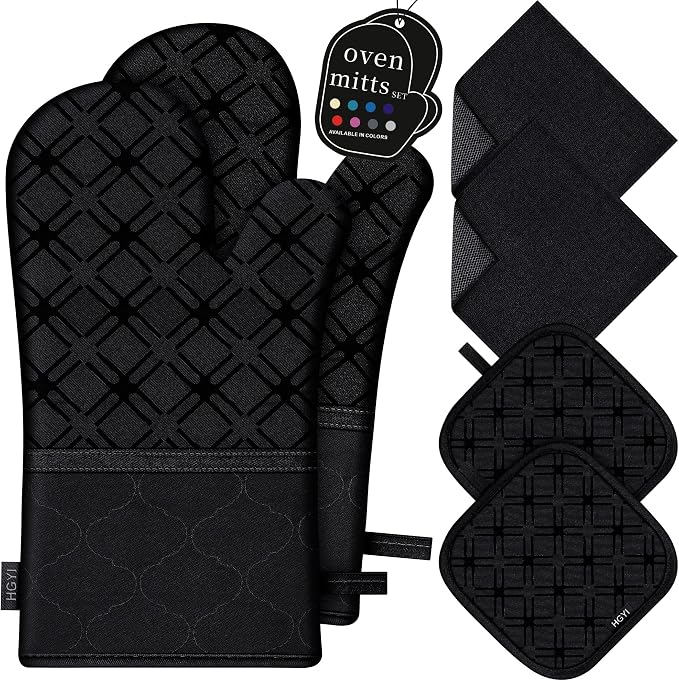 Oven Mitts and Pot Holders Set with Dishcloths, 500 Degree Heat Resistant Oven Gloves and Hot Pads, Premium Soft Cotton Kitchen Mittens and Dish Cloth Sets-Black