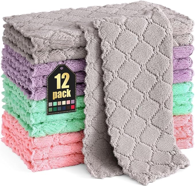 Homaxy 12 Pack Super Soft & Absorbent Dish Cloths, 10" x 10", Multi Color | Coral Velvet, Nonstick Oil Fast Drying Microfiber Cleaning Cloth, No Lint Household Dishcloths