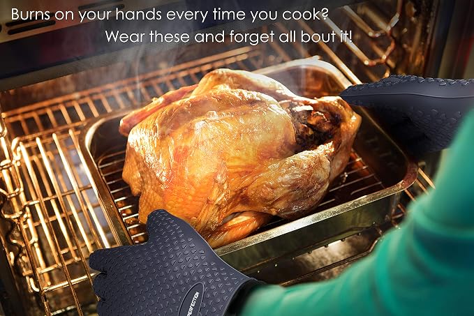KITCHEN PERFECTION Silicone Smoker BBQ Gloves - Heat Resistant Oven Mitts | Waterproof, 5-Finger Design For A Better Grip, for Pitmasters, Meat Smoking, Grilling, Cooking, Frying Turkey | Grill Gift