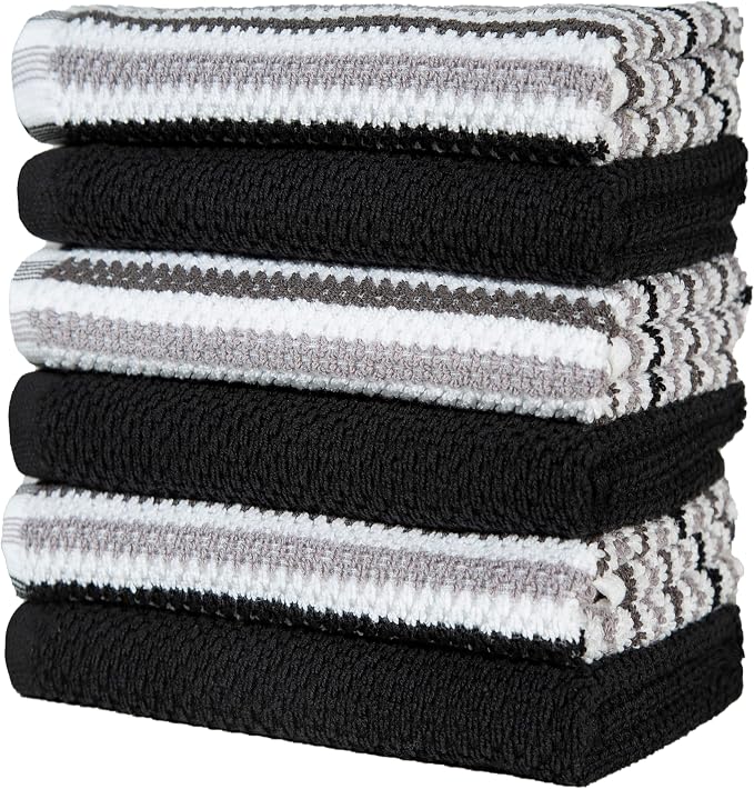 Bumble Kitchen Towels 6 Pack 100% Cotton 16"x26" - Black Wide Stripe | 430 GSM Soft Kitchen Hand Towels with Hanging Loop, Highly Absorbent & Durable for Washing and Drying Dishes