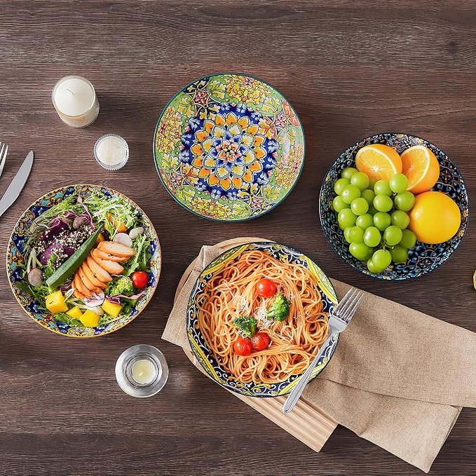 vancasso Pasta Bowls Set of 4, 42oz Ceramic Serving Bowls,Boho Pasta Plates | Large Shallow Bowls for Pasta, Salad, Soup, 42 oz Colorful Bowl Plates, Microwave and Dishwasher Safe Dinner Bowls