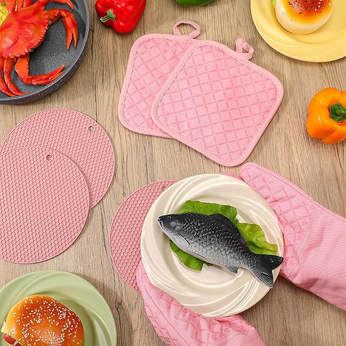 Pink Oven Mitts and Pot Holders 7 Sets, Pink, Rubber Cotton, Honeycomb | Heat Resistant Kitchen Gloves, Pads Pot Holders for Women, Chritsmas Gifts Kitchen Accessories Gift