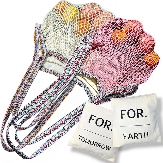 Earth and Tomorrow 2-Pack Reusable Mesh Grocery Bags – Foldable Cotton Net Totes with Jacquard Straps & Reversible Pouch | Cotton Mesh Fabric