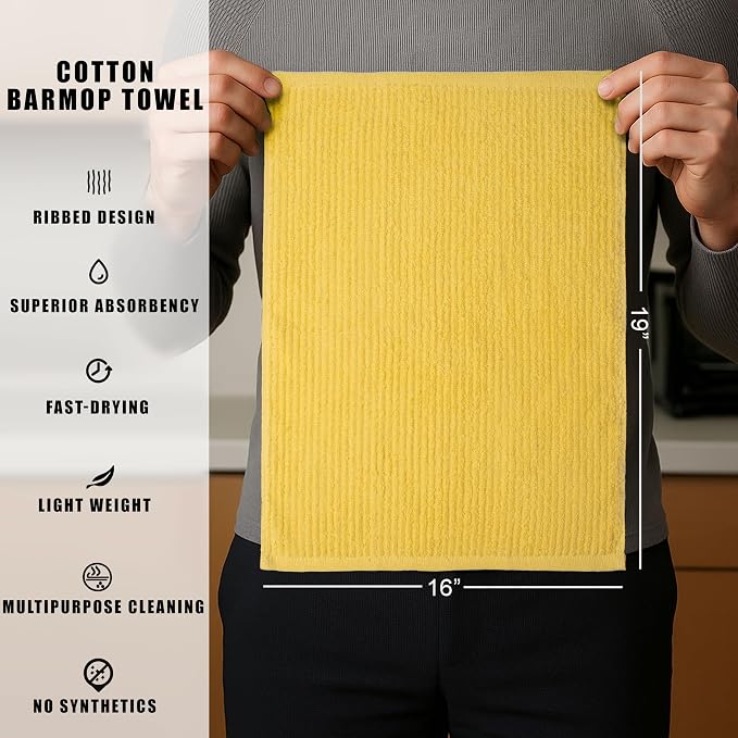 Textila Bar Mop Towels - 16x19 Inches - Pack of 12 - Lemon Yellow - Cotton Dish Cloths & Cleaning Towels for Kitchen, Bar, Restaurant, Household Use – Absorbent, Durable, Reusable