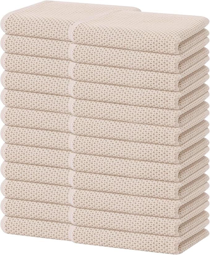 Homaxy 100% Cotton Waffle Weave Kitchen Dish Towels 24-Pack, Beige | 13 x 28 Inches, Ultra Soft Absorbent Dish Towels, Quick Drying Cleaning Towels