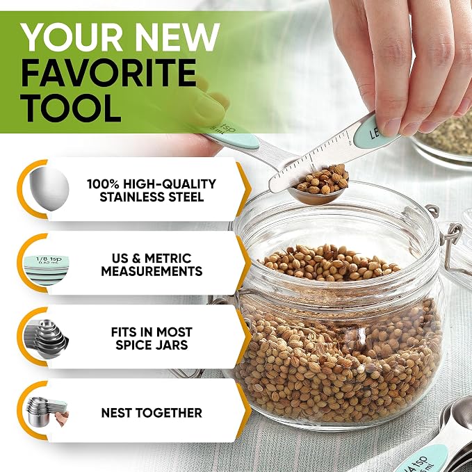 Spring Chef Magnetic Measuring Cups & Spoons Set of 15, Patented, Mint | Stackable Stainless Steel Measuring Cups & Heavy Duty Metal Measuring Spoons with Levelers for Dry & Liquid Ingredients
