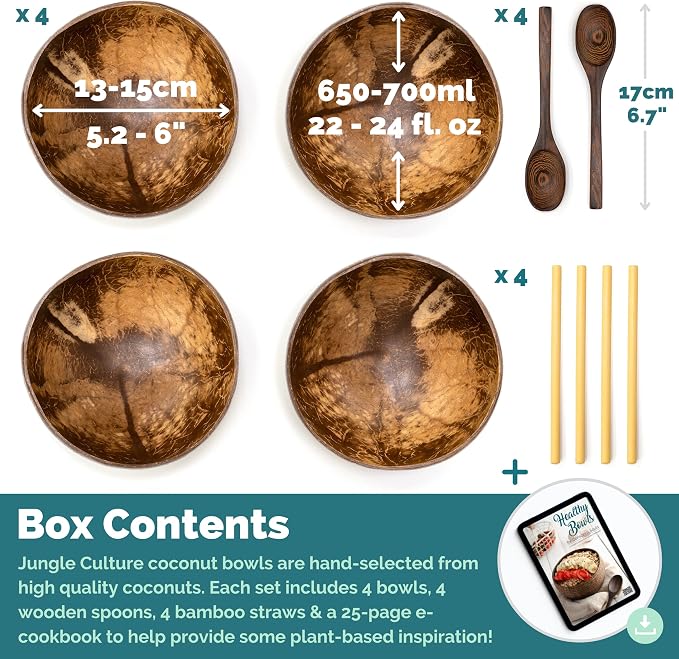 Jungle Culture 4 Polished Coconut Bowl & Wooden Spoons Set with Bamboo Straws • Smoothie Bowls Ideal for Ninja Creami • Healthy Yoghurt & Acai Bowls • Natural Coco Shell Eco Friendly Vegan Gifts