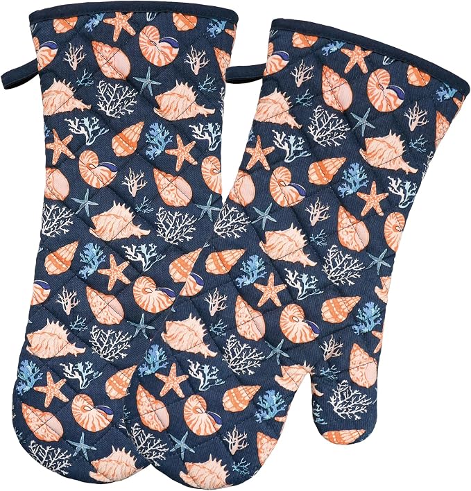 Oven Mitts Cotton Fashion Cute Cowry Design 1 Pair | Heat Resistant Oven Gloves Safe Cooking Baking Grilling Barbecue Machine Washable Pot holders Christmas Gift (Cowry)