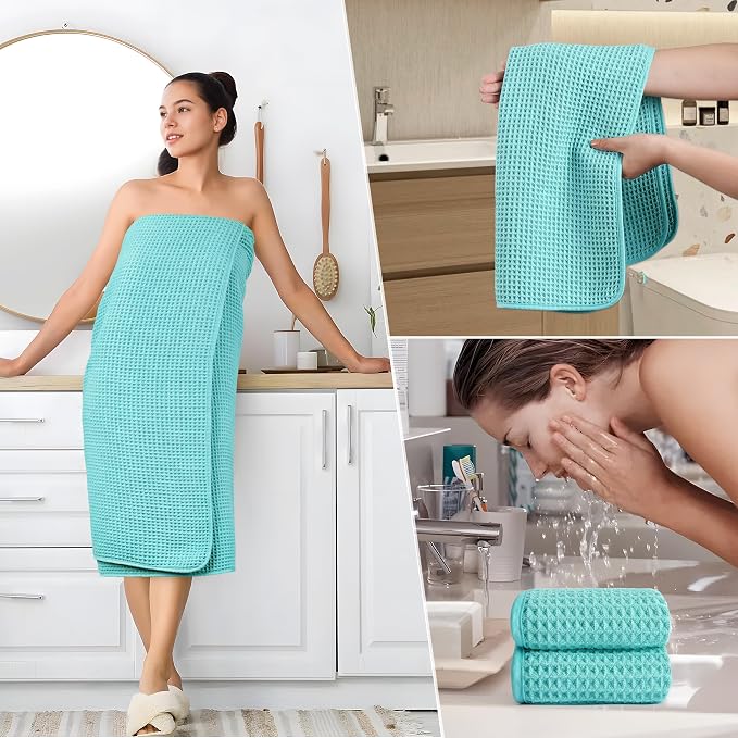 POLYTE 430 GSM Poly Blend Microfiber Quick Dry Waffle Bath Towel Set of 6 | 2-Body Towels, 2-Hand Towels, 2-Wash cloths, Oversize, Lint Free