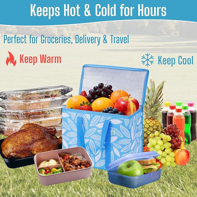 VENO 3 Pack Insulated Cooler Bag Reusable Grocery Bag for Food Delivery | Heavy Duty Large Collapsible Cooler Shopping Tote w/ Zippers, Foldable, Stands Upright for Camping (Spring Breeze, 3 Pack)