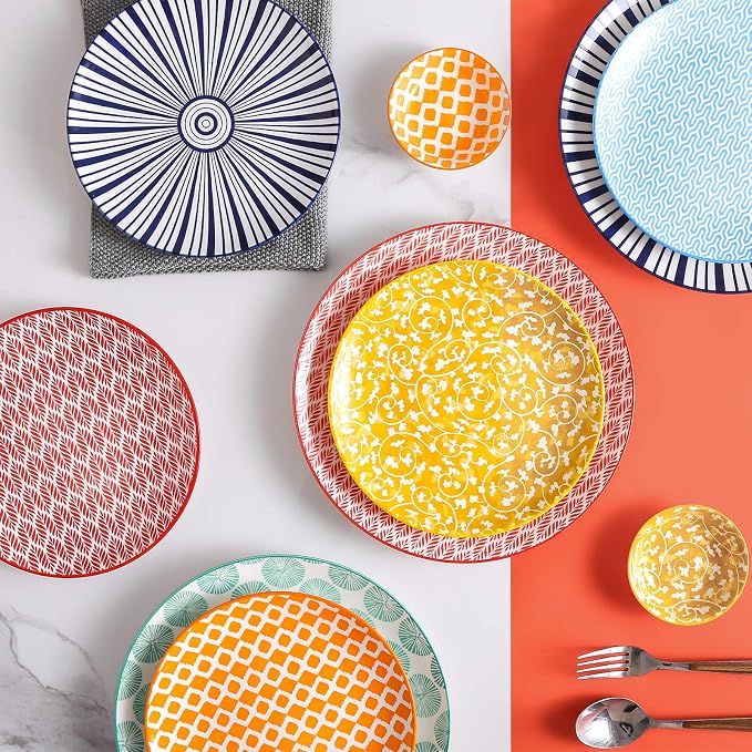 Selamica 8 inch Porcelain Dinner Plates, Large Size Serving Plate for Salad, Pancakes, Steak, Set of 6, Assorted Colors