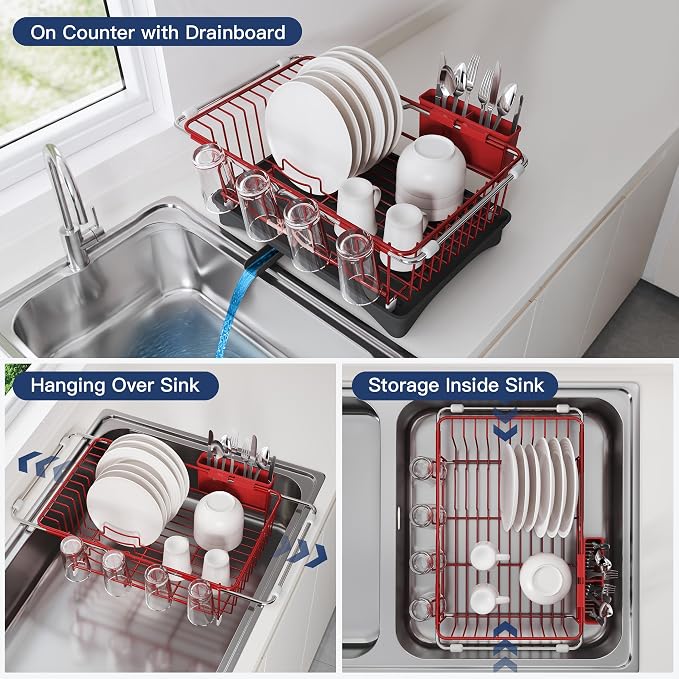 JASIWAY Red Dish Drying Rack in Sink with Drainboard and Utensil Holder | Use Over the Sink or Counter, Stainless Steel Expandable Dish Drainer for Small Kitchen, Space Saving, Fast Drain, Rustproof