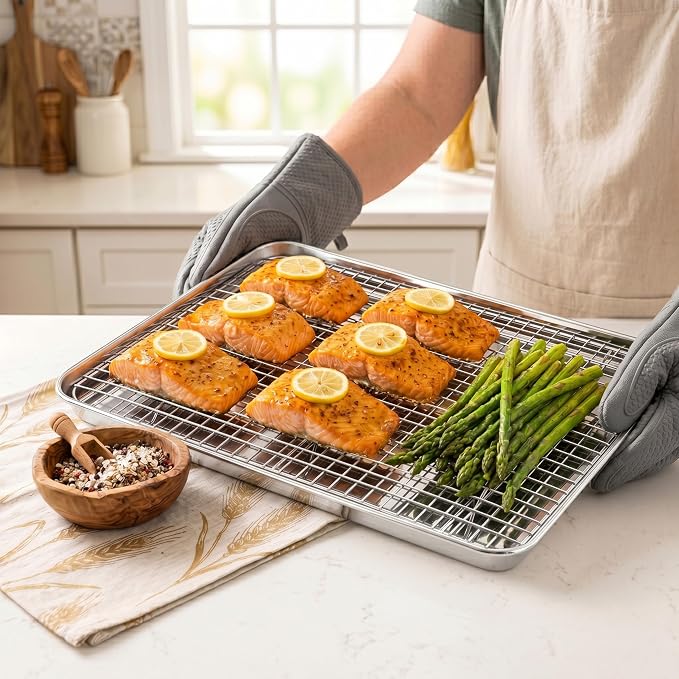 Homikit Half Baking Sheet with Wire Rack (1 Pan+1 Cooling Rack), 18" x 13" | Stainless Steel Cookie Sheet Pan with Cooling Rack Set, Large Bacon Tray for Oven Baking Cooking Roasting, Dishwasher Safe