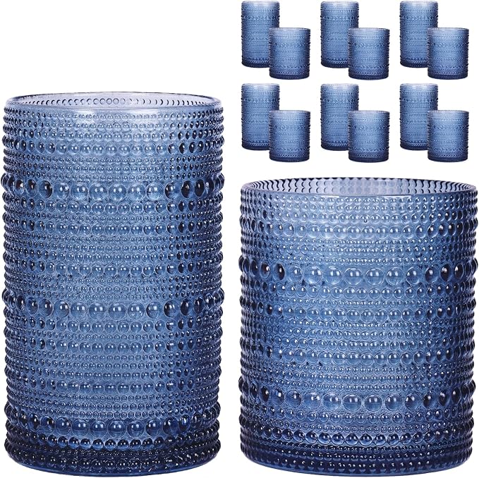 Moretoes 12 Pack Blue Hobnail Drinking Glasses,Vintage Water Glass Cups | Mixed Glassware Set, 6pcs 12oz Highballs and 6pcs 10oz Old Fashioned Glasses, Great for Cocktail, Whisky and Other Beverages