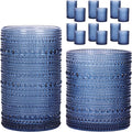 Moretoes 12 Pack Blue Hobnail Drinking Glasses,Vintage Water Glass Cups | Mixed Glassware Set, 6pcs 12oz Highballs and 6pcs 10oz Old Fashioned Glasses, Great for Cocktail, Whisky and Other Beverages