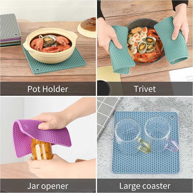 Silicone Trivets for Hot Dishes, Pots and Pans, Hot Pads for Kitchen, Mixing Color Silicone Pot Holders Mats for Kitchen Quartz Counter Heat Resistant Mat, Flexible Table Trivet Mat Set 4