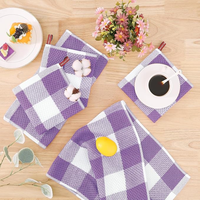 Homaxy Kitchen Towels and Dishcloths Set, Set of 8, White & Purple | Bulk Cotton Waffle Weave Check Plaid Kitchen Towels, Super Soft and Absorbent Dish Cloths, 12 x 12 and 13 x 28 Inches