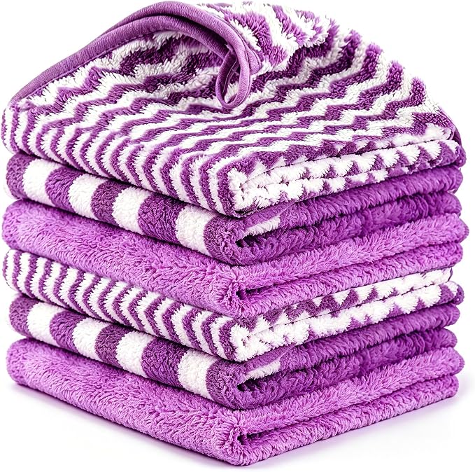 Microfiber Cleaning Cloths, 6 Pack Purple Kitchen Towels | 13.5x29 Inch, Ultra Soft Super Absorbent, Lint Free Dish Towels with Hanging Loop, Reusable for Household Cleaning
