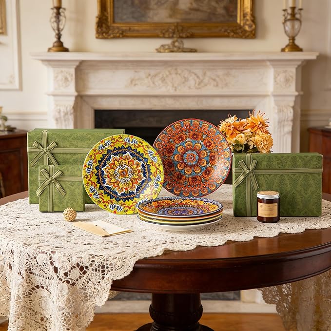 vancasso Colorful Dinner Plates Set of 6, 10.5 Inch Ceramic Kitchen Plates | Boho Dinner Plates Set, Bohemian Printed Dishes for Dining, Microwave & Dishwasher Safe Plate Set, Series KRVI