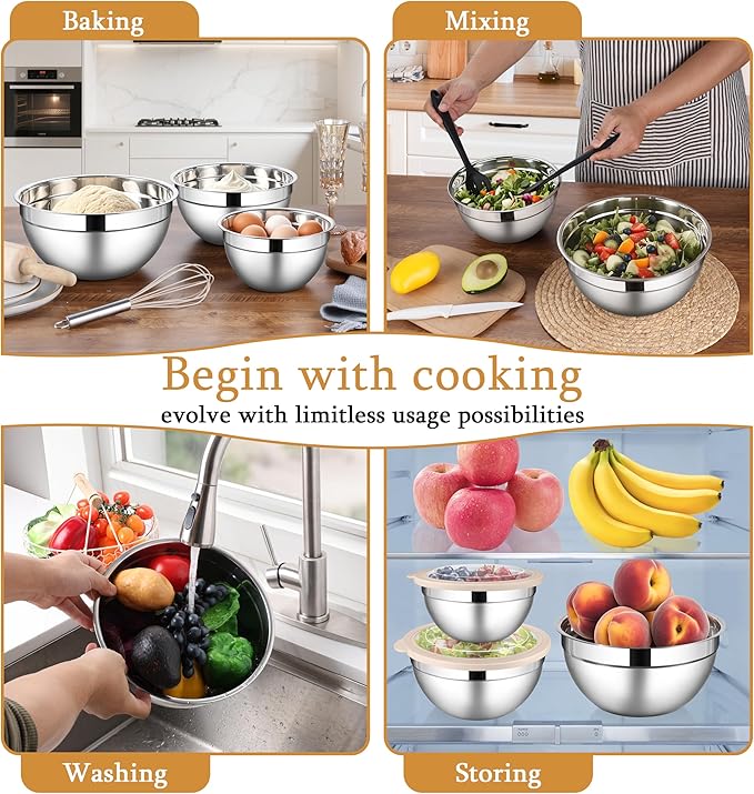 LIANYU Mixing Bowls with Visible Lids, 3Pcs Stainless Steel Kitchen Bowl | Large Metal Nesting Bowls Set, 4.6 & 3 & 1.5QT Size, with Airtight Lids, Ideal for Baking, Serving, Dishwasher Safe, Khaki