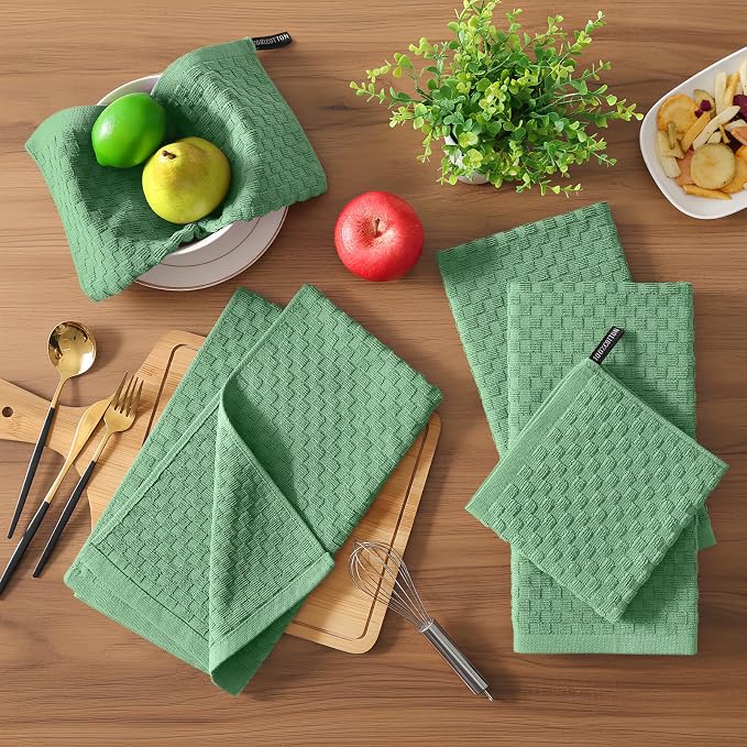 Homaxy 100% Cotton Terry Kitchen Towels(15" x 25", 8 Pack), Grass Green | Soft and Super Absorbent Dish Towels, 380 GSM Reusable Tea Towel with Hanging Loop, Pineapple Grid Designed