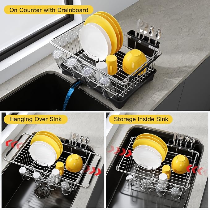 JASIWAY in Sink Dish Drying Rack with Drainboard and Utensil Holder | Use Over the Sink or Counter, Stainless Steel Expandable Dish Drainer for Small Kitchen, Space Saving, Fast Drain, Rustproof
