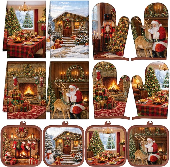 Silifine 12 Pcs Christmas Oven Mitts Pot Holders Kitchen Towels Sets | Vintage Christmas Accessories, Santa Claus, Nutcracker, Reindeer, Holiday Kitchen Set for Baking Cooking Housewarming Gift