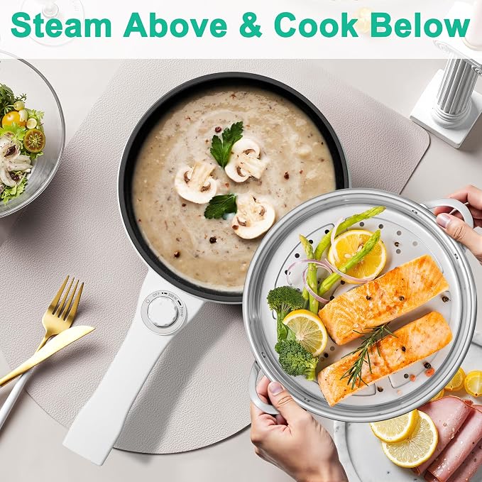 Dezin Hot Pot Electric with Steamer, 1.5L Non-Stick Portable Electric Pot | Dual Power, Upgraded 700W Electric Pot for Cooking Steak, Egg, Oatmeal, Ramen Cooker for Dorm, Travel, RV, Office, Green Pan