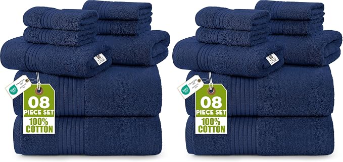 Utopia Towels 8 Piece Premium Towel Set, 2 Bath, 2 Hand, and 4 Washcloths, 100% Ring Spun Cotton, Highly Absorbent Towels for Bathroom, Sports, and Hotel, Navy (Pack of 2)