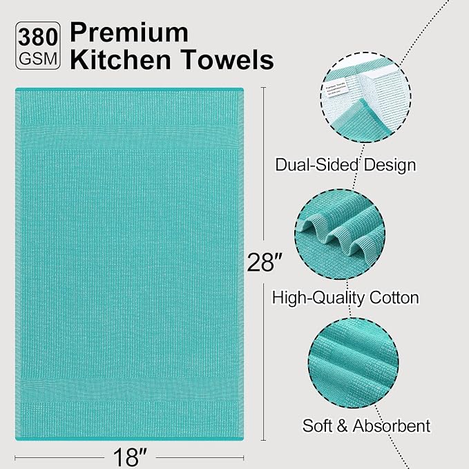 Mordimy Premium Large Cotton Kitchen Towels (18"x 28", 6 Pack), Teal | 100% Ring Spun Cotton, Super Absorbent, 380 GSM, Flat & Terry, Soft, Hanging Loop Dish Towels