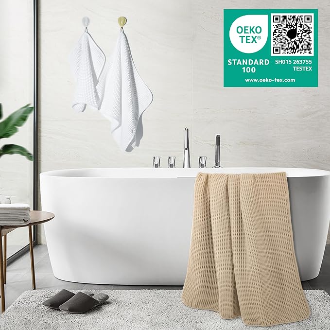POLYTE 430 GSM Poly Blend Microfiber Quick Dry Waffle Bath Towel Set of 6 | 2-Body Towels, 2-Hand Towels, 2-Wash cloths, Oversize, Lint Free
