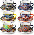 vancasso 8 Oz Cappuccino Cups, Porcelain Tea Cups and Saucers Set of 6 | Bohemian Cappuccino Mugs,Perfect for Latte, Tea and Espresso, Microwave and Dishwasher Safe,Lead-Free and Non-Toxic