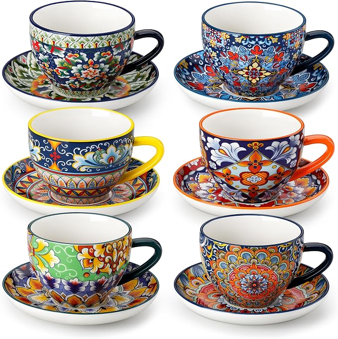 vancasso 8 Oz Cappuccino Cups, Porcelain Tea Cups and Saucers Set of 6 | Bohemian Cappuccino Mugs,Perfect for Latte, Tea and Espresso, Microwave and Dishwasher Safe,Lead-Free and Non-Toxic