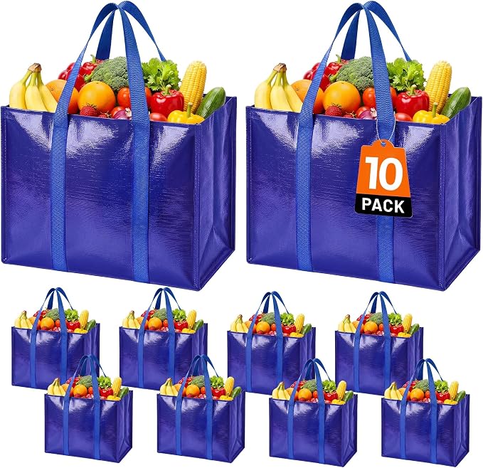 Reusable Grocery Bags, Waterproof & Foldable Shopping Bags Stand Upright | Heavy Duty Shopping Tote Bags, Waterproof & Foldable with Long Handles for Bulk Shopping, Versatile Storage 10 Pack-42L